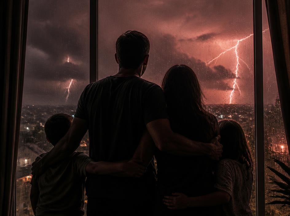 Familia unida mirando una tormenta desde la ventana