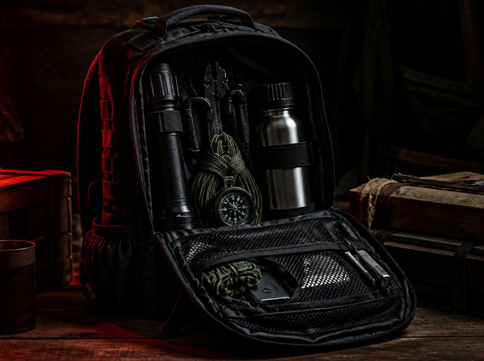 Mochila de emergencia con equipo de supervivencia organizado