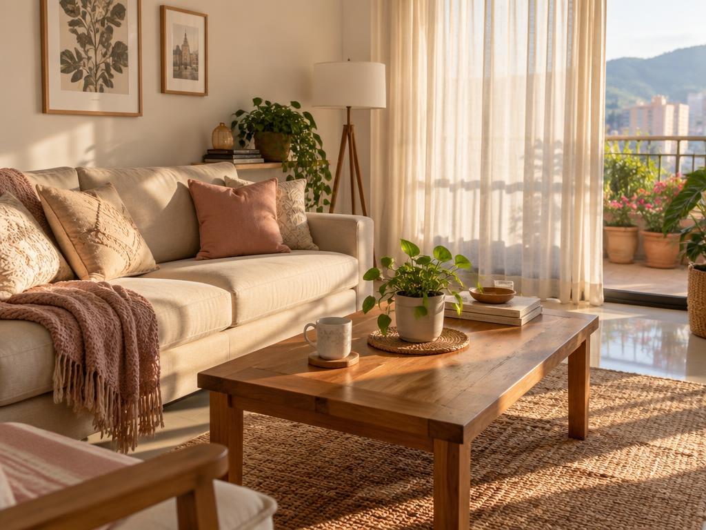 Sala de estar ordenada y acogedora con luz natural