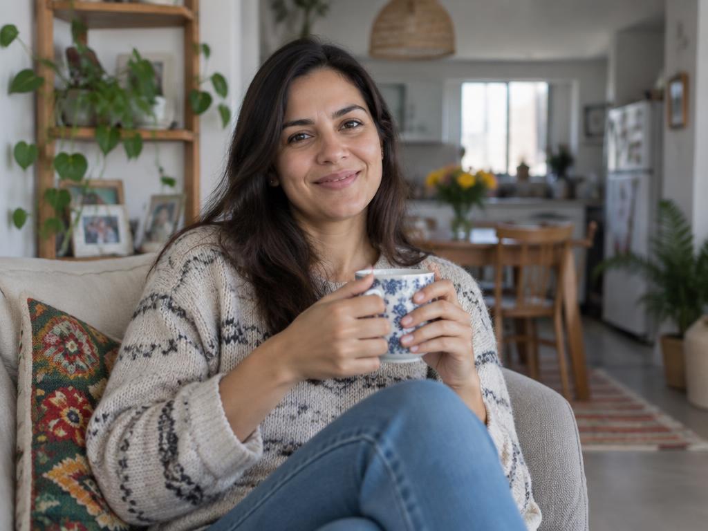 Mujer relajada en casa disfrutando de su tiempo libre