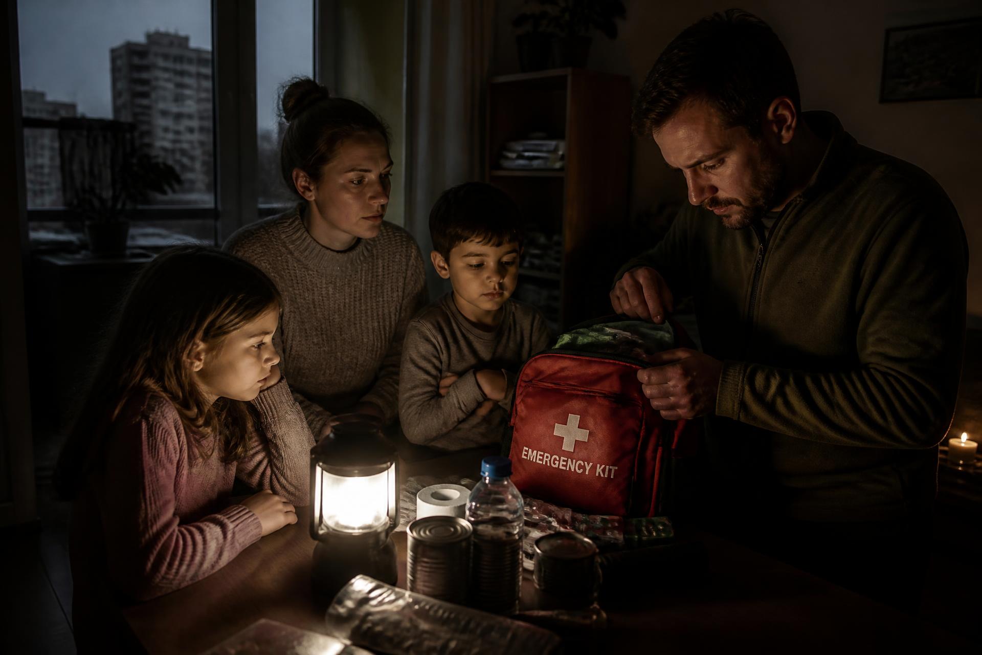 Familia preparando un kit de emergencia durante un apagón prolongado
